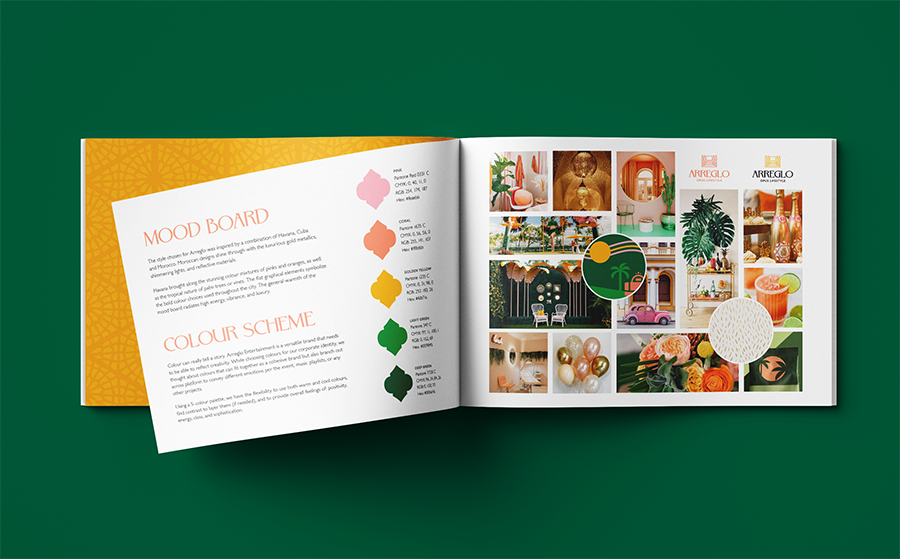 Branded Style Guide - Arreglo Entertainment (Mood Board & Colour Scheme pages)